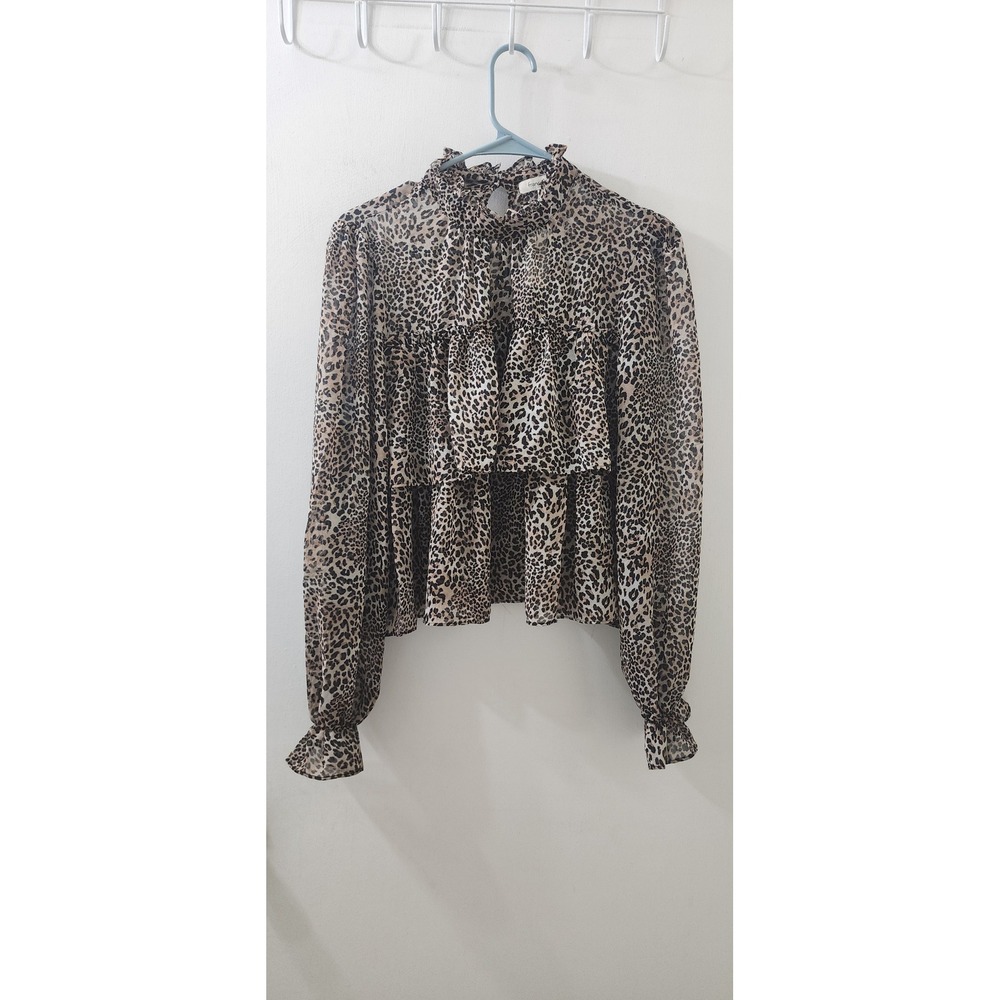 Francesca's Leopard Print Ruffle Mock Neck Blouse Brown M 12CL211SPD NWT